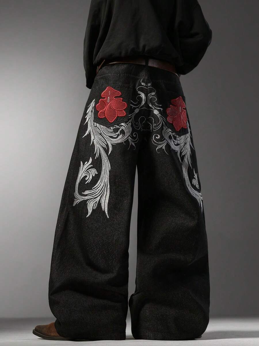 Men's Minimalist Y2K High Street Wide Leg Jeans, Textured Exquisite Embroidery On Back Pockets, Loose Daily All-Season Pants (No Belt & Accessories) - Black - View 1