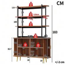 Sideboard With Roller Doors And Top Shelf, 4-Tier Open Shelf, Modern Kitchen Cabinet With Vertical Ribbed Paneling, Gold Metal Legs, Storage Cabinet For Dining Room And Living Room, Dark Brown - Wood - View 2