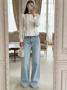 Autumn/Winter Solid Color Lace Long Sleeve Round Neck Slim Fit Elegant Blouse, Suitable For Dating, Party, Afternoon Tea, Commuting And Casual Wear, White - White - View 1