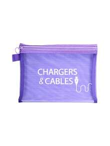 網格拉鍊收納袋，印有「Chargers And Cables」字母圖案，多功能便攜收納包，數位配件包、化妝包、保養品包、零錢包、旅行盥洗包，適用宿舍用品、婚禮新娘禮物、生日禮物、送給朋友與老師的禮物，浴室收納 - 彩色 - 查看 16
