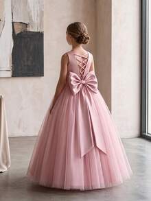 Tween Girl Bowknot Backless Deep V Criss-Cross Strap Mesh Princess Dress, Suitable For Birthday Party, Wedding, Flower Girl, Prom, Holiday Occasions - Pink - View 9
