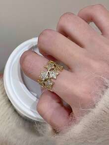 1pc Luxury Unique Cubic Zirconia Star Open Ring, Suitable For Women's Party Wear - Yellow Gold - View 7
