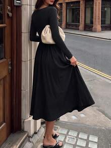 Women Fall Black Deep V Long Sleeve Midi Dress, Ruched Bust High Waist Flared Swing Elegant Slim Fit Long Dress - Black - View 3