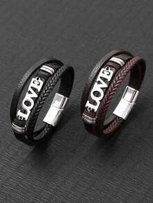 1pc Stainless Steel LOVE Leather Bracelet, Minimalist Multi-Layer Handmade Woven Bangle, Fashion Street Style Accessory - Love - View 6