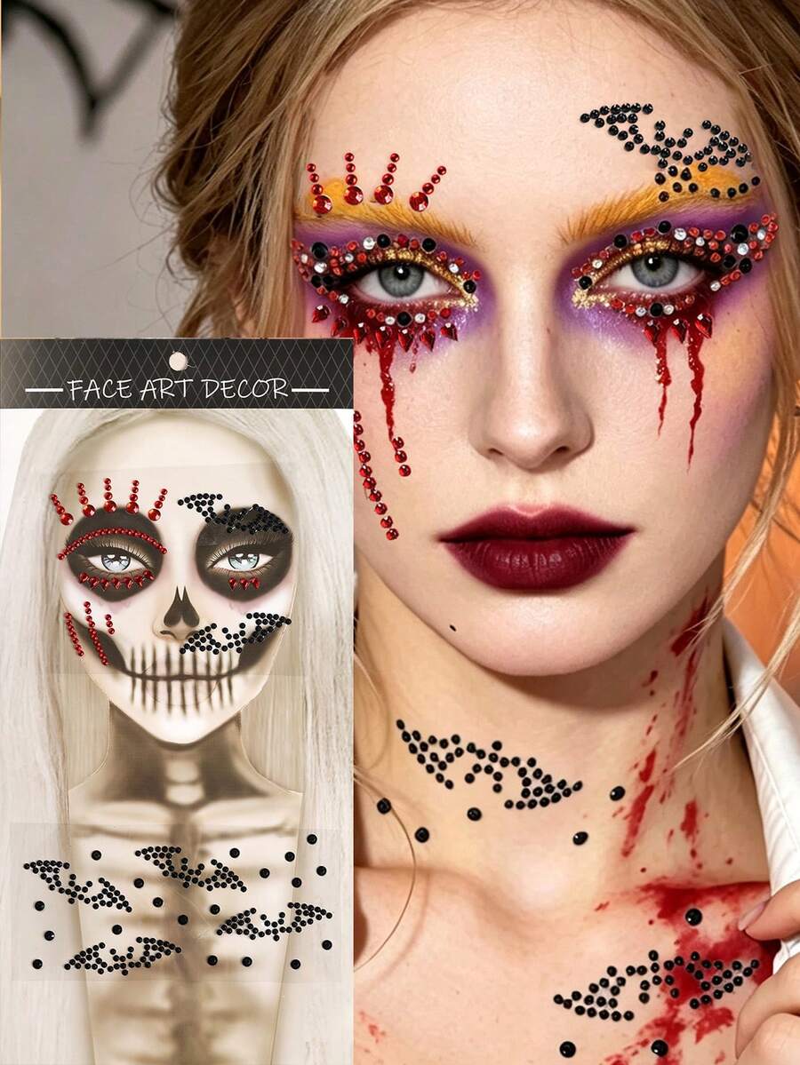 STARTTOOS Miếng dán đá quý trang trí mặt Halloween lễ Phục sinh hóa trang - Miếng dán đá 3D họa tiết dơi trang trí mặt cổ ngực DIY quà tặng trang trí tiệc lễ hội 1 miếng/gói - Nhiều màu - Xem 1