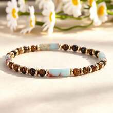 Symbolizing Wealth Shoushan Stone Tiger Eye Beaded Bracelet, Healing Jewelry Attracting Prosperity And Opportunity, Handmade Elastic Waterproof Jewelry Suitable For Beach Vacation - Multicolor - View 3