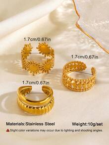 3pcs/Set Stainless Steel Minimalist Leaf & Sun Ring Set, Suitable For Women's Daily Wear And Party - Multicolor - View 2