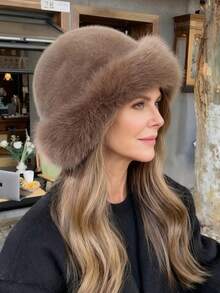1pc Women's Plush Winter Hat, European American Korean Style Warm Headwear, Solid Color Cute Versatile, Thickened Design, Suitable For Winter Outfits - White - View 4