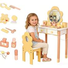 Juego de Madera Tocador para Niñas con Espejo, Mesa de Maquillaje y Juego de Imitación para Princesitas, Madera Resistente De Maquillaje Vanity Set Amarillo, Cajones para Guardar Juguetes y Accesorios - Amarillo - Ver 9