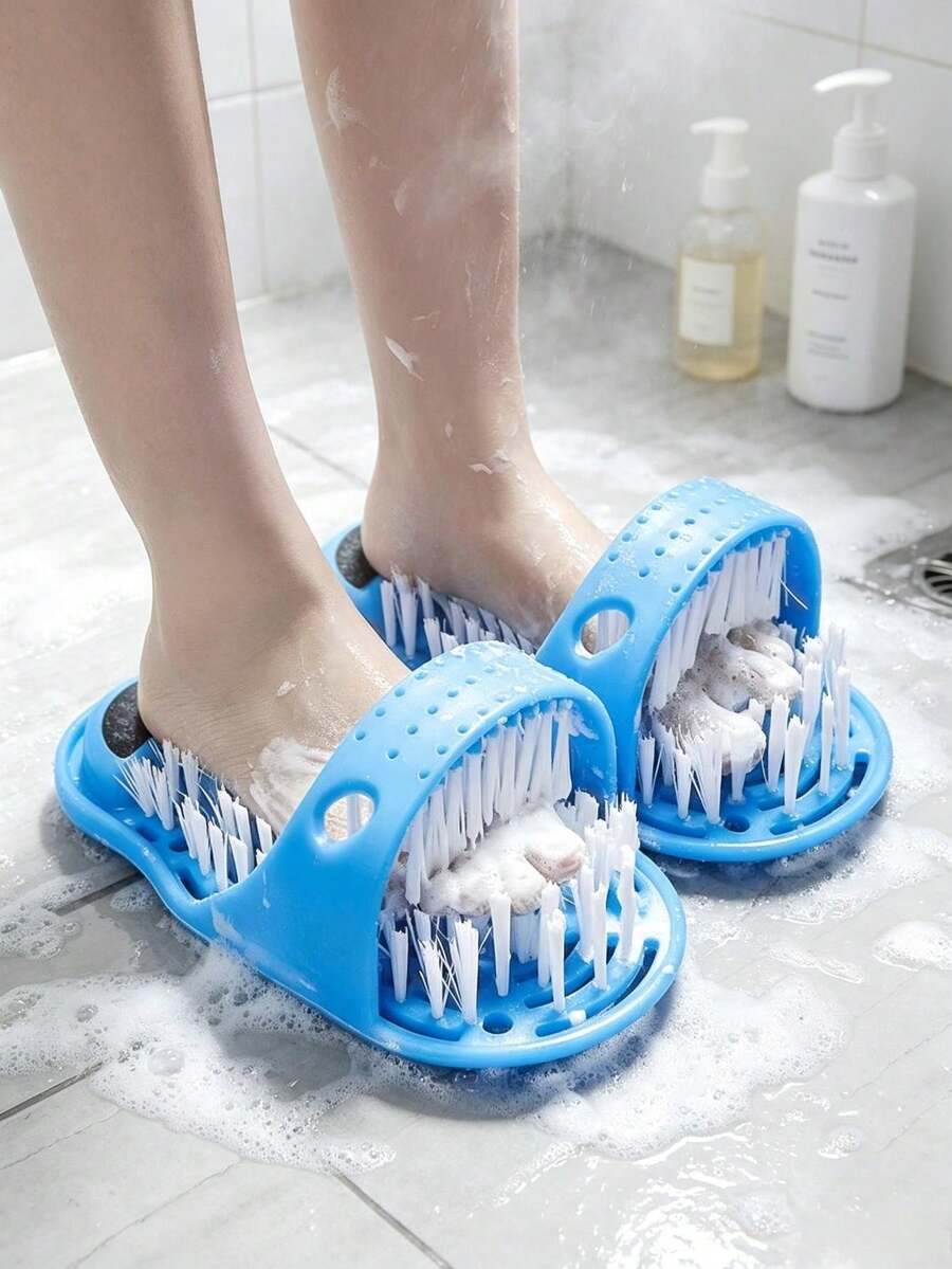 1 Pair DoubleBlue Foot Scrubbing Massage Slippers, Plastic Non-Slip Suction Cup Shower Foot Cleaner With Soft Bristles, Dead Skin Remover Foot Massager, Suitable For Bathroom Home Use And Housewarming Gift - Multicolor - View 1