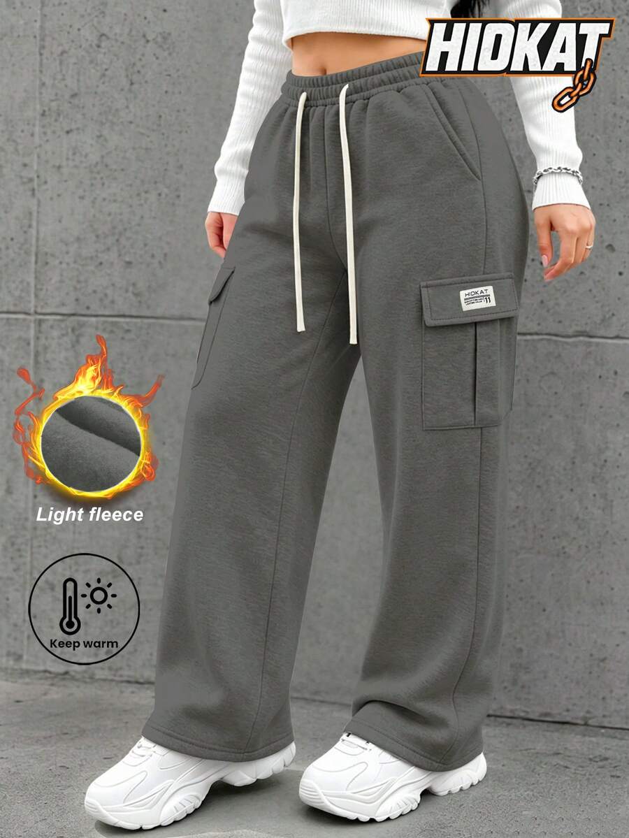 Hidkat Women's Autumn/Winter Thin Fleece Solid Color Comfortable Cargo Sweatpants With Drawstring Pockets For Casual, Fitness And Sports - Dark Grey - View 1