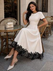 Women's Mid-Length Elegant Lace Trim Boat Neck Contrast Color Short Sleeve Tie Back A-Line Apricot Dress, Suitable For Wedding Guest, Party, Office, Outing - Apricot - View 8