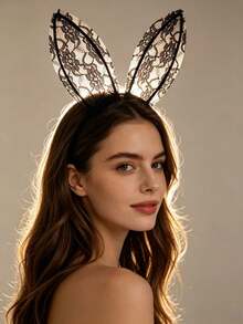 1pc/Set Halloween Party Costume Prop Large Rabbit Ears Lace Headband Bunny Girl Cute Sexy Cosplay Headpiece Live Streaming Hair Clip Mesh Hair Accessory For Women - Multicolor - View 2