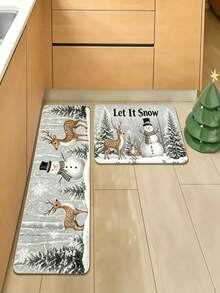 1pc Grey & White Snowman And Reindeer Rectangular Rug, Christmas Kitchen Mat, Kitchen Carpet, Kitchen Rug, Door Mat, Small Rug, Carpet, Runner Rug, Floor Mat, Home Decor - Multicolor - View 1