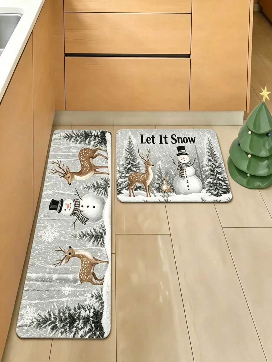 1pc Grey & White Snowman And Reindeer Rectangular Rug, Christmas Kitchen Mat, Kitchen Carpet, Kitchen Rug, Door Mat, Small Rug, Carpet, Runner Rug, Floor Mat, Home Decor - Multicolor - View 1