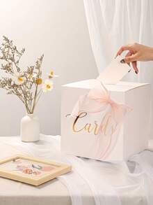 1組優雅白色金箔「Cards」婚禮卡片盒，附粉色歐根紗蝴蝶結，裝飾性許願卡盒，適用於婚禮接待、新娘派對、生日派對、畢業典禮、週年紀念與節日慶祝 - 風格A - 查看 1