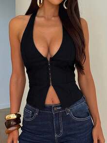 ApperlothPOP Solid Color Romantic Fitted Waist Blouse, Deep V Neck Sleeveless Front Button Halter Tank Top, Suitable For Dating, Outings And Carnival - Black - View 3