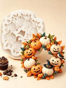 Pumpkin Wreath Silicone Mold Halloween Thanksgiving, 3D Fondant Chocolate Candy Cake Decorating Baking Tool, Polymer Clay Craft Tray For Cookies Pastry DIY Handmade Projects, Reusable Easy Clean Kitchen Baking Supplies - Beige - View 7
