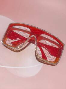 1pc Rhombus Glitter PC(Polycarbonate) Women's Rhinestone Trimmed Large Frame One-Piece Decorative Glasses Frame Hollow Mesh No Lens Party Photo Shoot Costume Accessory All Season - Multicolor - View 9