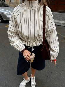 Women's Striped High Neck Half Zip Puff Sleeve Drawstring Waist Blouse Casual Loose Fit Long Sleeve Top - Light Yellow - View 1