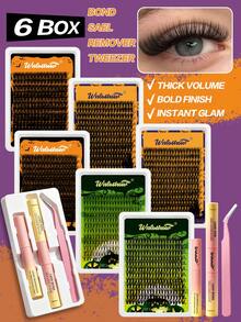 Waloshow 6-Box Gift Set Halloween D-Curl Clustered False Eyelashes High Capacity Kit, Suitable For Beginners, Includes False Eyelashes Tutorial, Thick And Fluffy DIY Segmented False Eyelashes, Includes Glue And Sealing Agent, Tweezers, Eyelash Curler, Magnifying Glass False Eyelashes, Lightweight And Reusable - Black - View 6