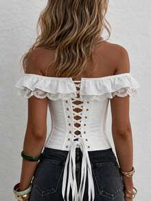 Yuwenier White Minimalist Elegant Cold Shoulder Fitted Corset Top, Ruffle Lace Trim, Boned Slimming Bustier, Suitable For Date, Outing, Valentine's Day, Halloween - White - View 5