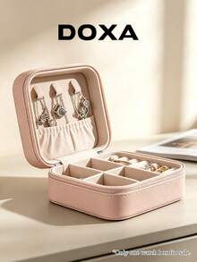 DOXA Portable Travel Jewelry Box, Zipper Jewellery Storage Case For Rings Earrings Necklaces, Small Compact Jewelry Organizer For Women Girls - Pink - View 4