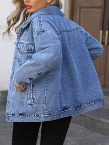 HAPPY GIRL# Plus Size Women's Versatile Casual Fashion Spring Autumn Winter Blue Y2K Student College Young Style Denim Jacket - Blue - View 5