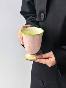 1pc Spring Embossed Floral Ceramic Handheld Coffee Mug, Healing Style 3D Ditsy Floral High Cylinder Ceramic Cup, Dopamine Cup Rim Outline & Large Capacity Ice Cream Cup, Suitable For Coffee, Mate Tea, Black Tea, Dishwasher - Multicolor - View 13