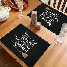 1/4/6pcs Halloween Series Witch Broom & Bat Pattern Printed Placemats, Heat-Resistant Table Mats For Home Kitchen, Table Protection, Kitchen Dining Table, Party Scene Decoration - Multicolor - View 5