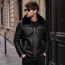 Men's Black Faux Leather Biker Jacket With Detachable Faux Fur Collar, Multi Zip Pockets & Padded Sleeve Detail - Black - View 3