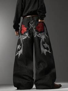Men's Minimalist Y2K High Street Wide Leg Jeans, Textured Exquisite Embroidery On Back Pockets, Loose Daily All-Season Pants (No Belt & Accessories) - Black - View 3