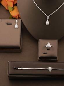 1 Set Luxury Elegant Sparkling Cubic Zirconia Teardrop Design Jewelry Set Suitable For Women's Wedding And Banquet Wear - Silver - View 3