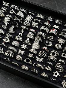 20pcs/Set Vintage Punk Spider Skull Rings, Unisex Mixed Gothic Dark Style Halloween Rings Jewelry, Party Gift Daily Holiday Accessories - 20pcs Vintage Classic Punk Skull Rings - View 1