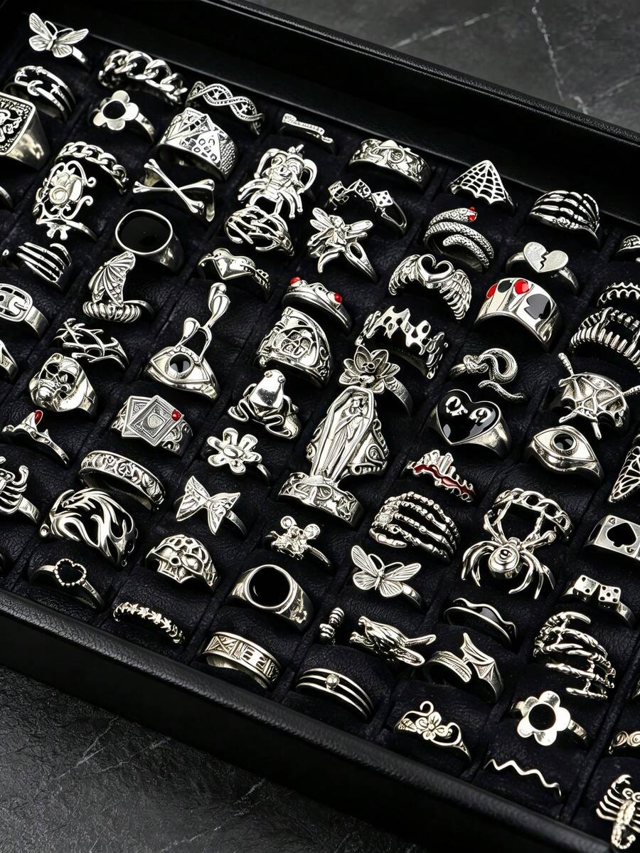 20pcs/Set Vintage Punk Spider Skull Rings, Unisex Mixed Gothic Dark Style Halloween Rings Jewelry, Party Gift Daily Holiday Accessories - 20pcs Vintage Classic Punk Skull Rings - View 1