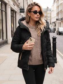Women's Quilted Hooded Jacket With Drawstring Hood, Zip Front, Side Pockets And Regular Fit - Black - View 2
