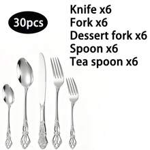 Vintage European Flatware Set, Embossed Non-Slip Handle Stainless Steel Cutlery Set, Mirror Polished Gold/Silver Knife Fork Spoon Set, One-Piece Forged Tableware For Dinner Party, Home Daily Use, French Table Setting, 18/0 Steel, 5/10/20/30 Pcs - Silver - View 10