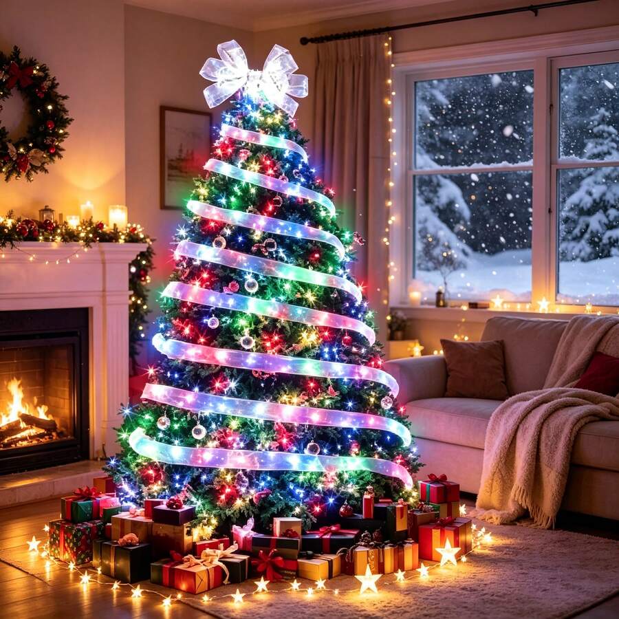 Two Colors Of Christmas Ribbons. Battery-Powered String Lights. Autumn/Winter Room Decorative Lights. Bedroom Nightlights. Wedding Fairy Chandeliers. Christmas Tree Decorations And Halloween Decorations. Gift Wrapping Ribbon Lights. - Christmas Ribbon Lights - View 1