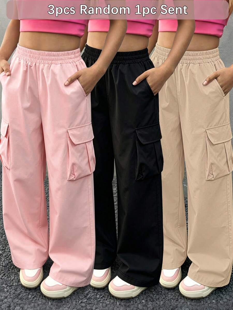 [Random 3pcs Send 1pc] Street Style Women's Wide Leg Cargo Pants, Multi-Pocket Elastic Waist School Uniform Long Pants - Black - View 1