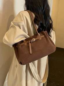 1pc Vintage Coffee Color Faux Suede Large Capacity Women's Tote Bag, Daily Commute Shoulder Bag With Buckle Detail, Fashion Handbag Suitable For Work And Travel - Coffee Brown - View 5