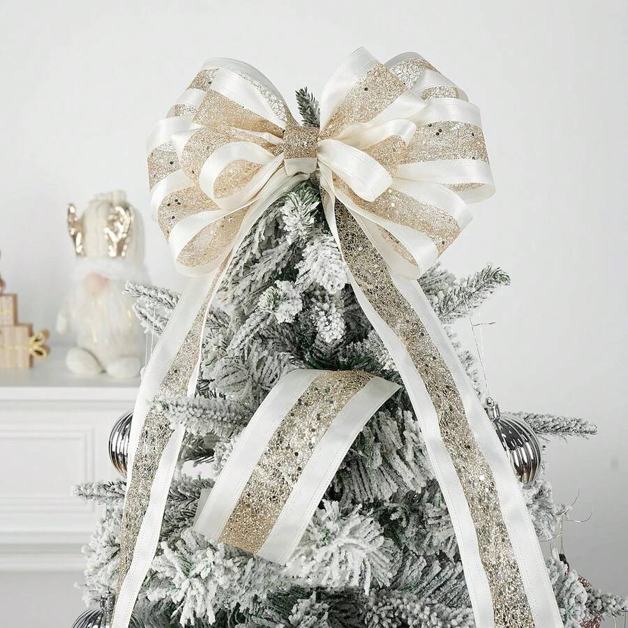 1pc New Christmas Polyester Gold Ribbon Bow Decor, DIY Christmas Tree Party Gift Box Decoration Ribbon - Multicolor - View 1