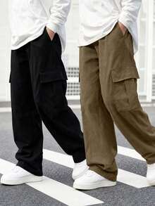 2pcs Tween Boys Casual Sports Outdoor Cargo Pants With Big Pockets, Spring/Autumn - Khaki - View 9