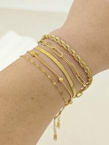 5Pcs Gold Tone Stackable Chain Bracelet Set, Cuban Snake Paperclip Bead Links, Stainless Steel Jewelry Gift For Women - Gold - View 2