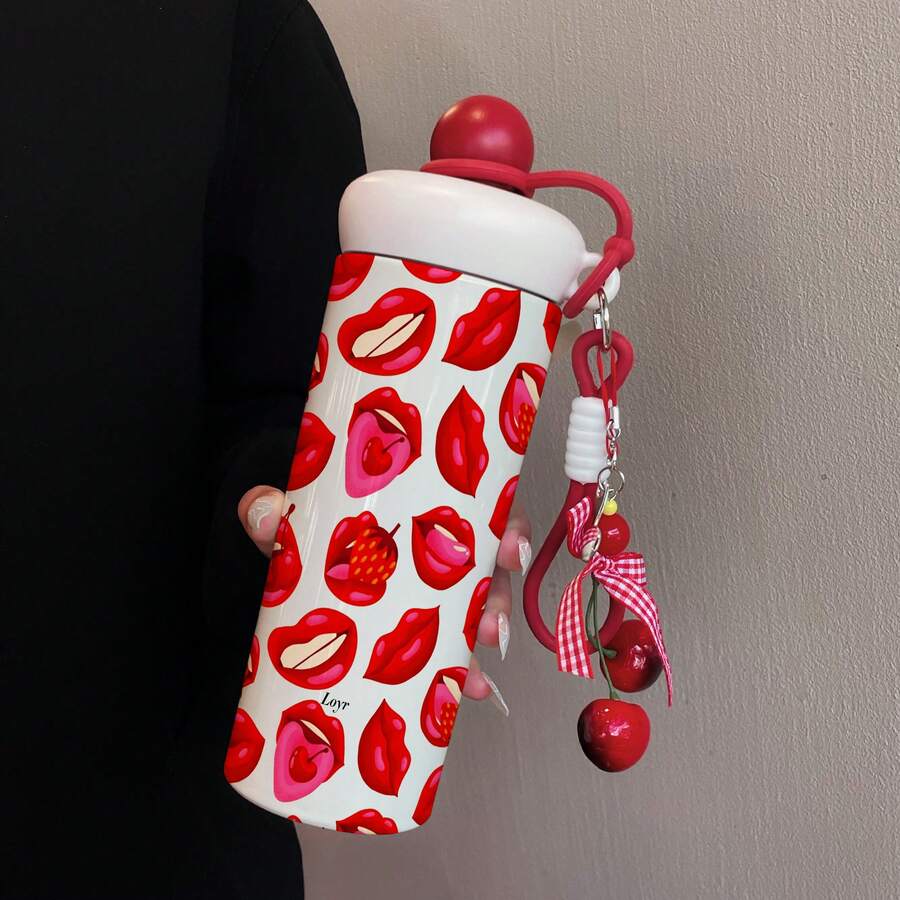 1PC 600ML Creative And Personalized, Simple Cherry, English Tomato Pattern Stainless Steel Insulated Cup, Double-Use Coffee Cup, Portable Straw Cup, Hanging Strap , Suitable For Office, Campus, Gift For Holidays/Birthdays, Coffee, Milk, Tea - Multicolor - View 1