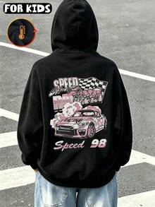 Kids Zip‑Up Fleece Hoodie, Cotton‑Blend, Pink Racing Car Checkered Flag Back Print, Loose Warm Jacket - Black - View 2
