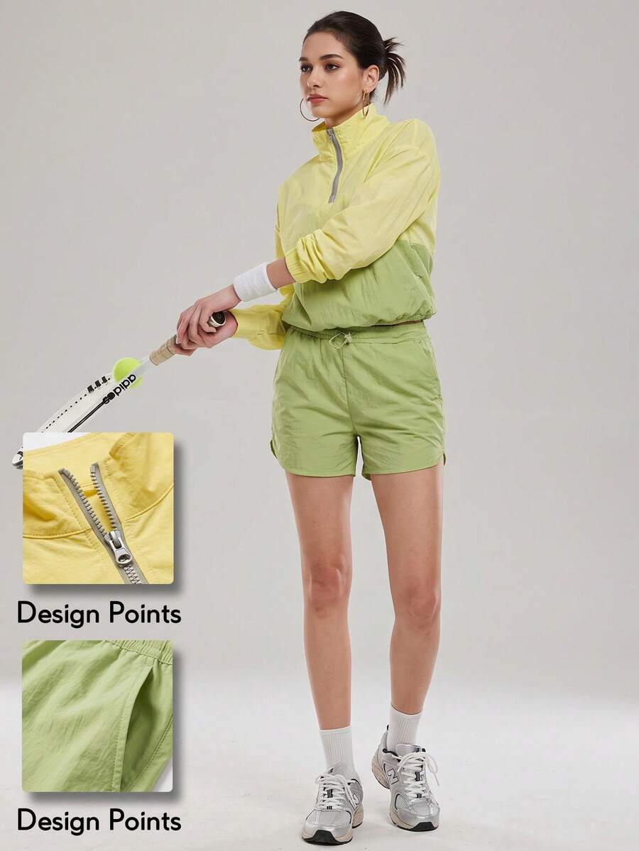 KyrLssu Women Color Block Half‑Zip Windbreaker Tracksuit, Loose Long Sleeve Stand Collar Pullover Top With Drawstring Shorts, 2‑Piece Outfit Set - Green - View 1