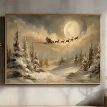 1pc Christmas Sled Vintage Christmas Poster, Reindeer Full Moon Christmas Canvas Painting, Creative Mural, Birthday Gift, Living Room, Bedroom, Kitchen, Bathroom, Corridor Decoration, 2D Flat Frameless - A - View 1