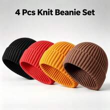 4pcs Unisex Beanie Hat Set, Hip Hop Streetwear Fisherman Skull Cap, Casual Slouchy Style Skull Cap, Grapefruit Color, Autumn/Winter - Multicolor - View 3