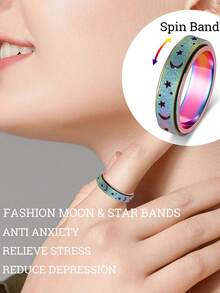 Stainless Steel Rotatable Star & Moon Ring, Fashion Hollow Matte Design, Spinning Stress‑Relief Finger Ring For Women - Multicolor - View 4