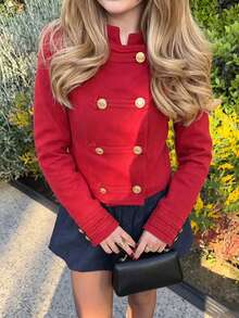 ZAHM Vintage-Inspired Red Short Jacket, Structured Fit With Gold Tone Buttons - Red - View 3